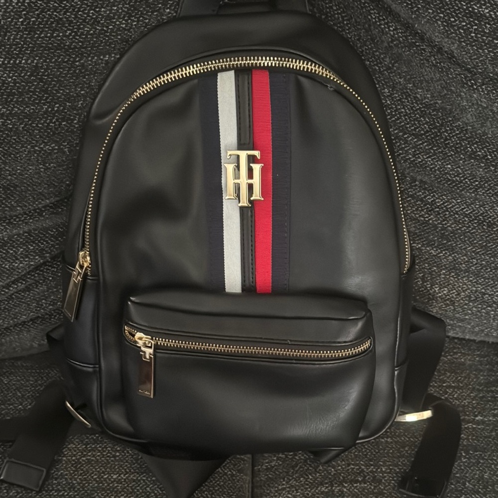 Tommy Hilfiger Black Backpack with Red and Gray Stripes